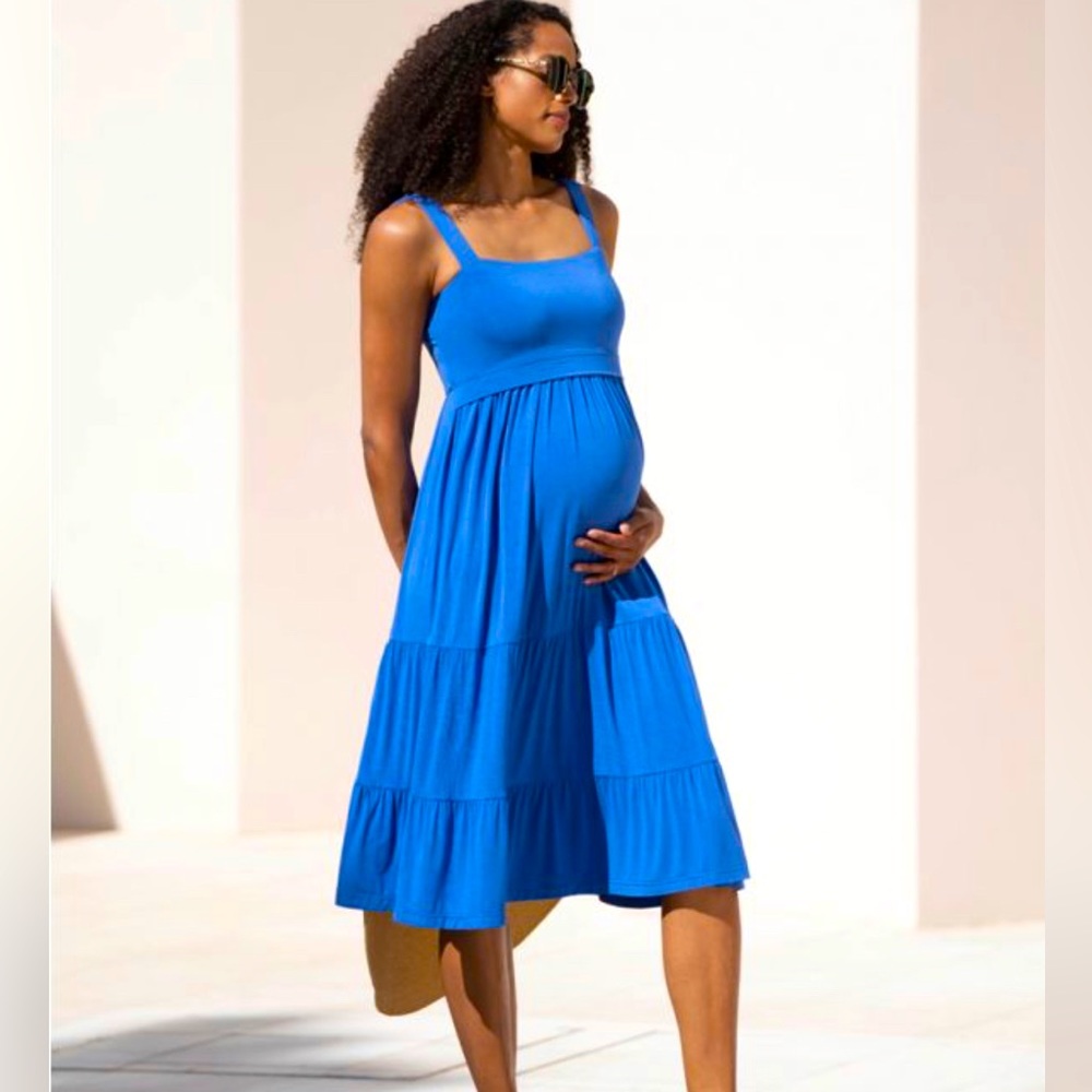 Cobalt Blue Tiered Maternity & Nursing Midi Dress